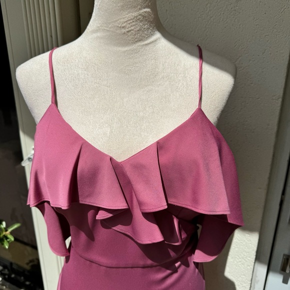 NICOLE MILLER. Pink Spaghetti Strap Ruffle High/Low Gown. S-6. Built in … - Picture 5 of 11